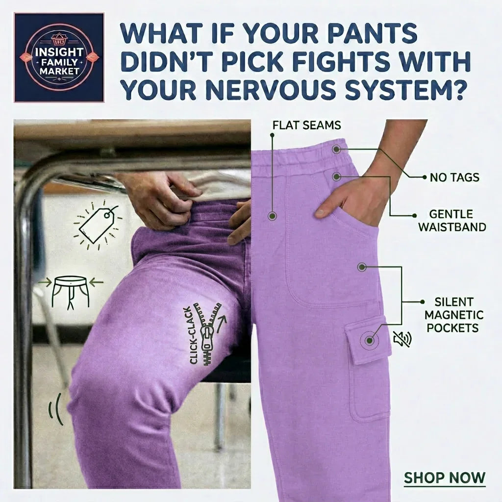 Purple pants with features highlighted and a promotional message about family market pants.