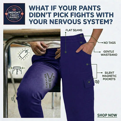 Purple pants with features highlighted on a white background, featuring the Insight Family Market logo.
