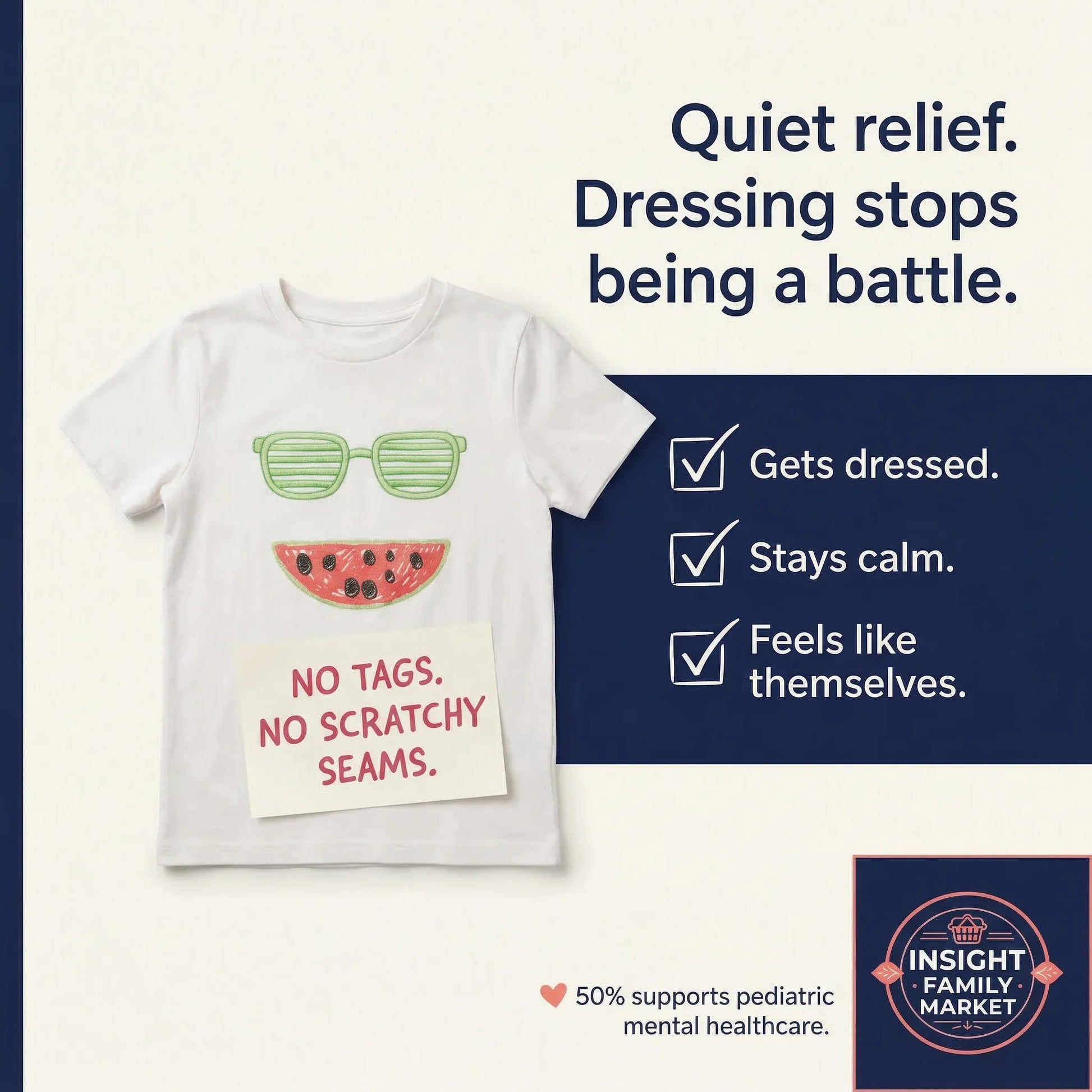 Children's t-shirt with sunglasses and watermelon design, featuring text about no tags and no scratchy seams, on a white background with blue text box.