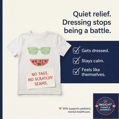 Children's t-shirt with sunglasses and watermelon design, featuring text about no tags and no scratchy seams, on a white background with blue text box.
