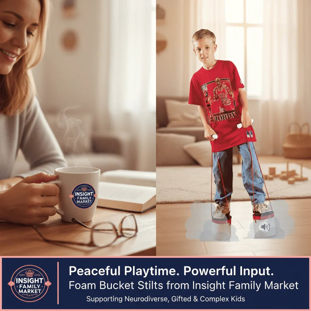 Happy child walking on foam bucket stilts indoors, sensory toy for active play and neurodiverse kids