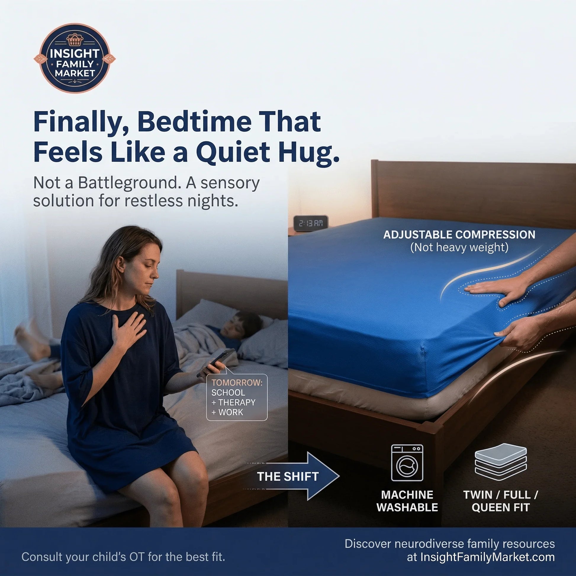 Sensory compression sheet on bed for neurodiverse kids, showing peaceful sleep support at night.