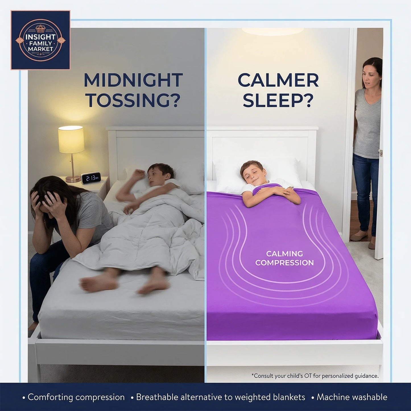Before-and-after of restless child in bed versus calm child under purple calming compression sheet, promoting sleep support for sensory needs.