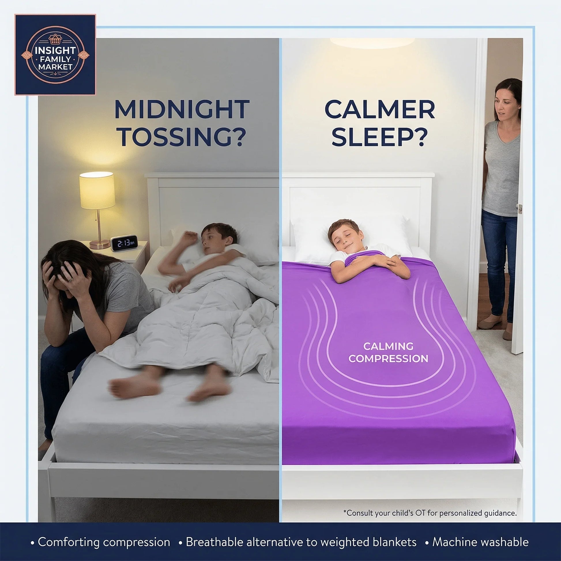 Before-and-after of restless child in bed versus calm child under purple calming compression sheet, promoting sleep support for sensory needs.
