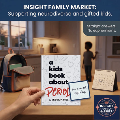 Person holding 'A Kids Book About Periods' with backpack, calendar, and child in background