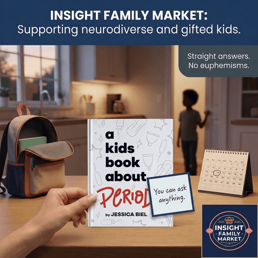 Person holding 'A Kids Book About Periods' with backpack, calendar, and child in background