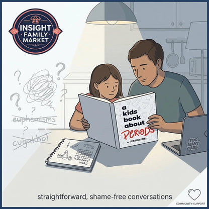 Parent and child reading 'A Kids Book About Periods' at kitchen table, encouraging open conversations.