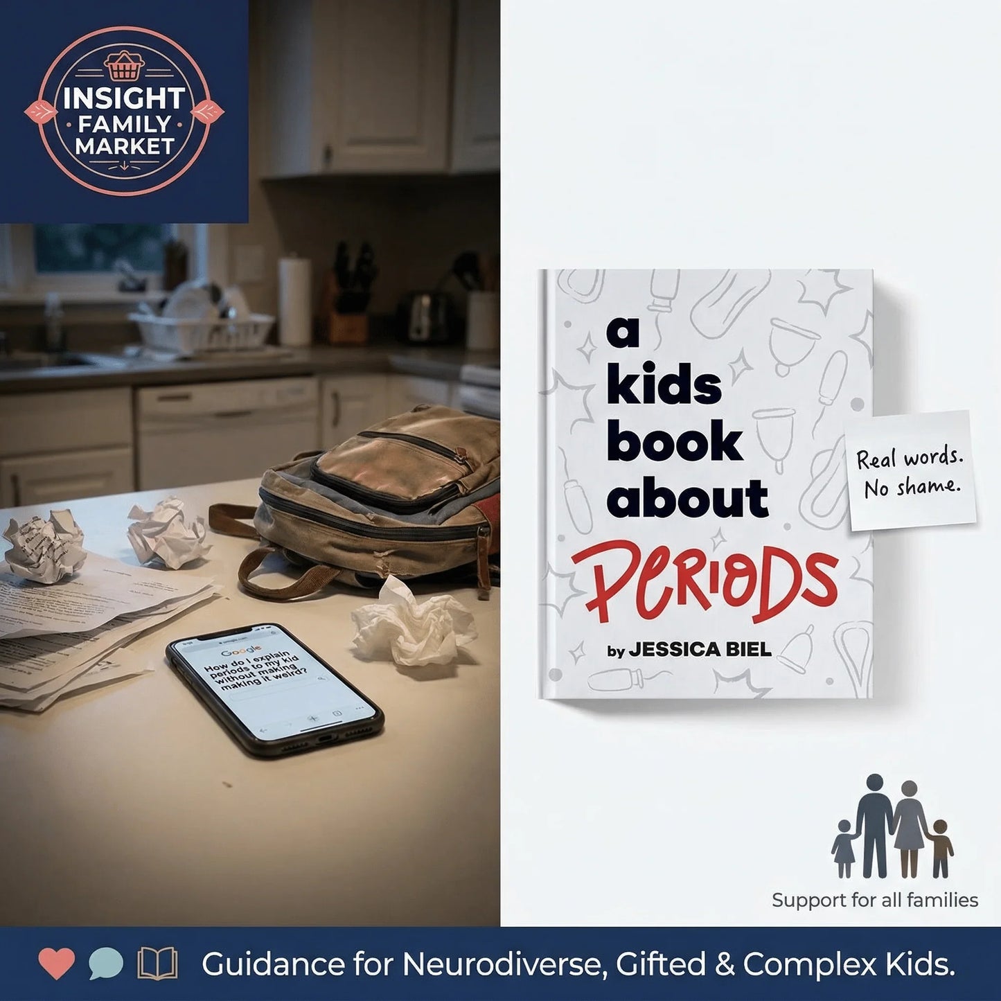 Children's period education book on kitchen counter with backpack, crumpled papers, and phone.