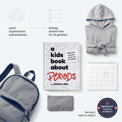 Flat lay of puberty education book for kids about periods, with backpack, hoodie, calendar, and pouch.
