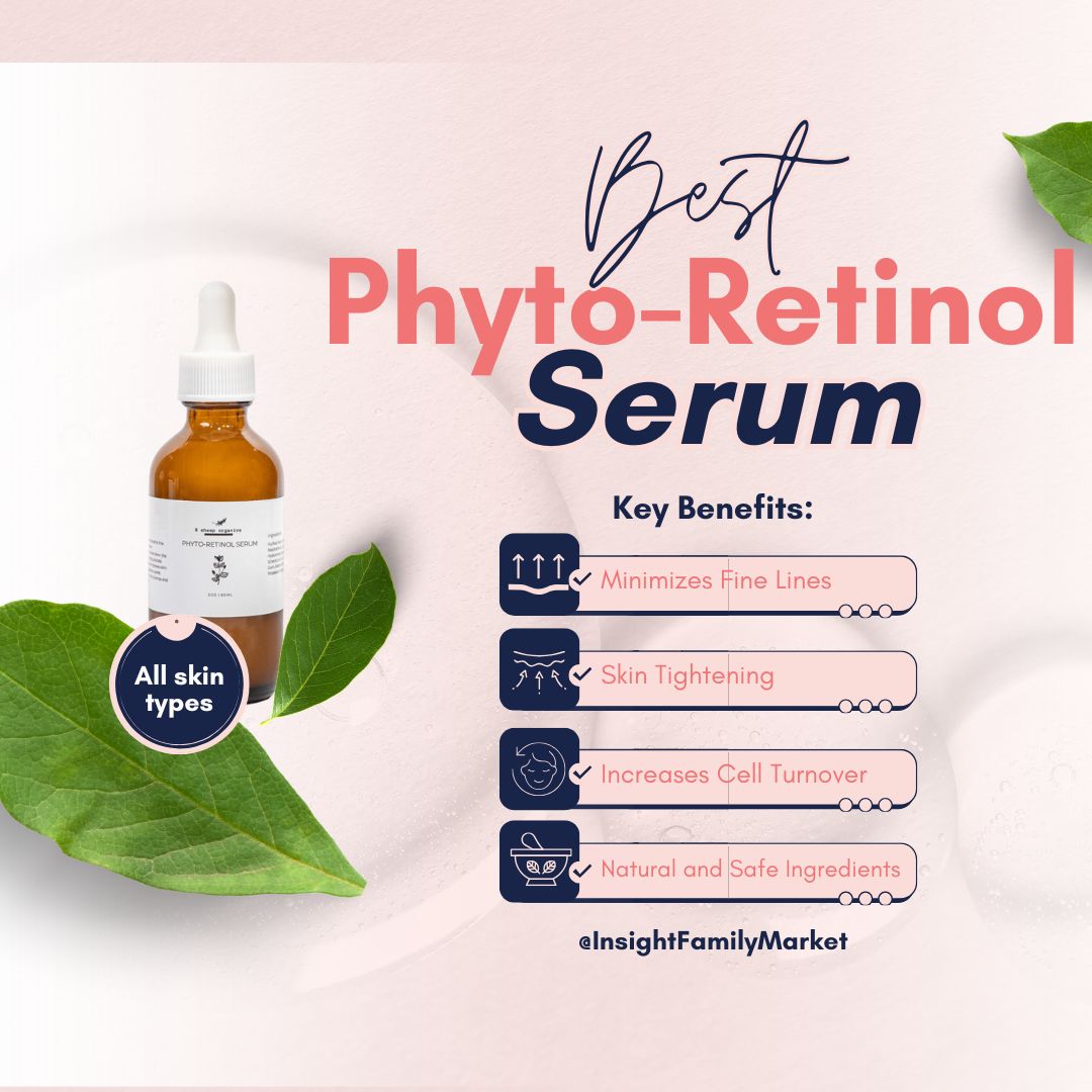 Phyto-Retinol serum bottle with green leaves on a light pink background, featuring key benefits.