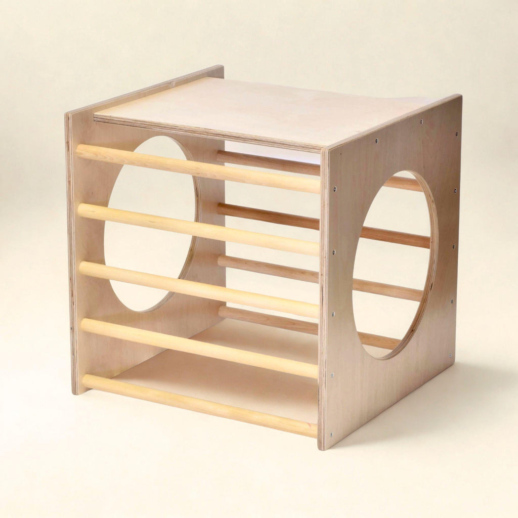 Wooden pet playpen with circular openings on a beige background