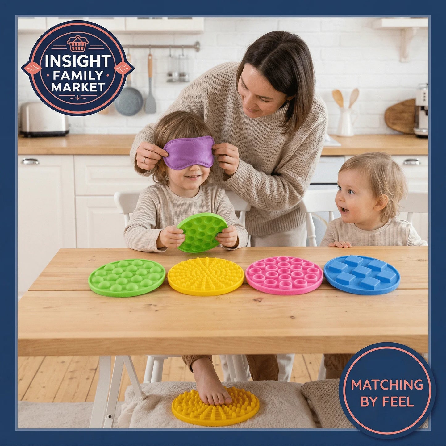 Children playing with colorful sensory relief mats, matching textures by feel in a calm home setting.