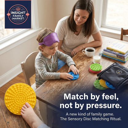 Child wearing a blindfold playing sensory disc matching game with adult at a wooden table.