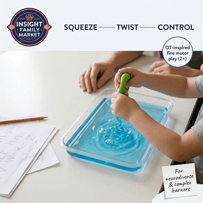 Child using green tool in blue sensory gel tray for fine motor skill development activity