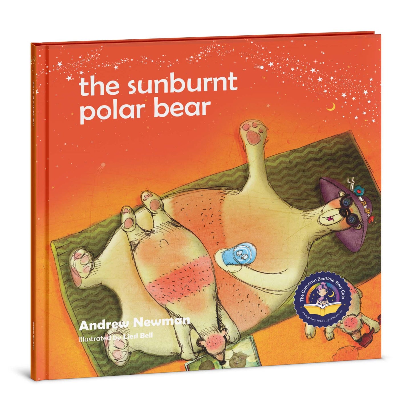 Children’s book cover of 'The Sunburnt Polar Bear' featuring a cartoon polar bear sunbathing