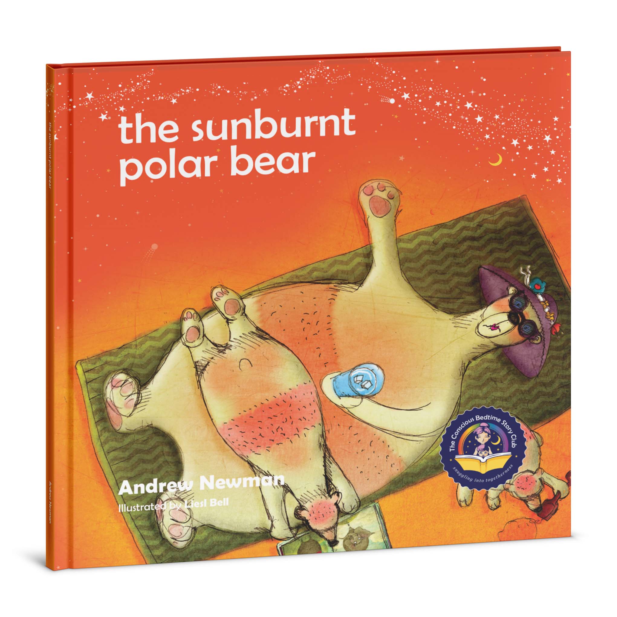 Book cover of 'the sunburnt polar bear' with a cartoon polar bear sunbathing on an orange background.