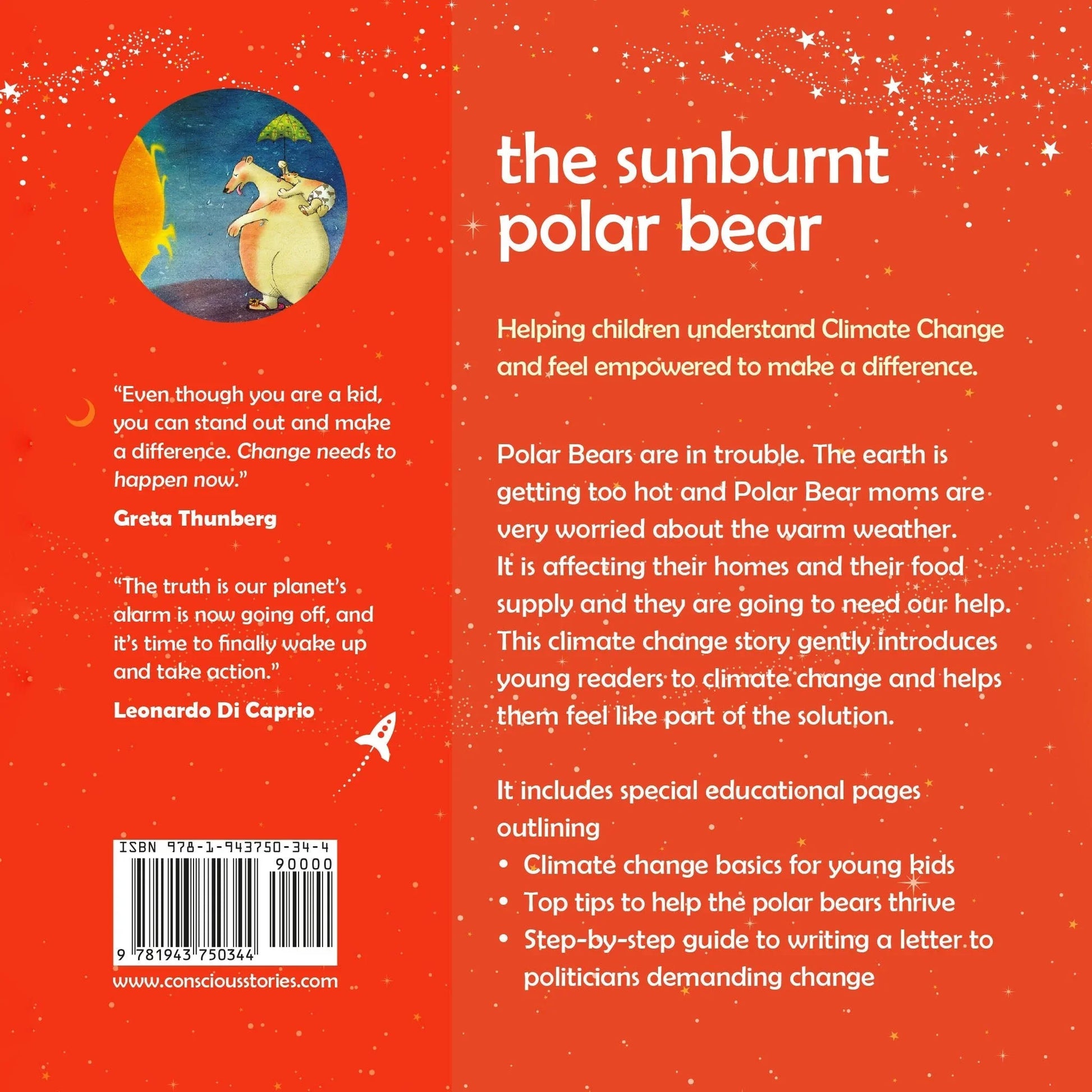Back cover of 'The Sunburnt Polar Bear' children's book, featuring a polar bear illustration, climate change quotes, and educational story summary on an orange background.