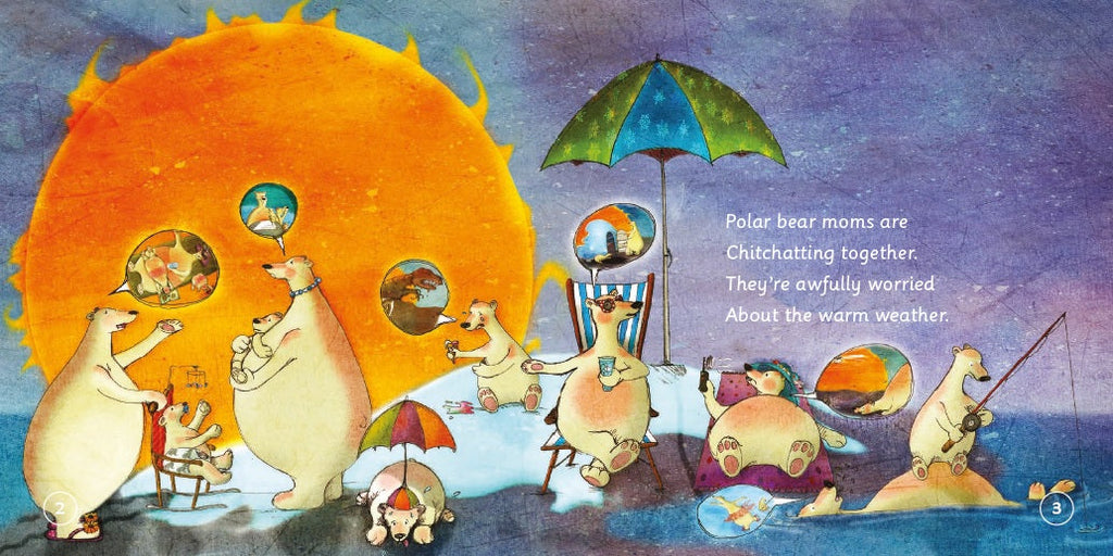 Illustration of polar bears in various activities with a large sun in the background.