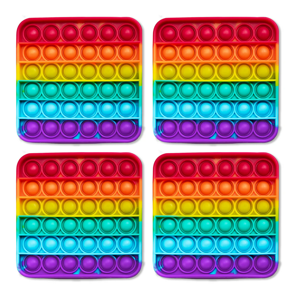 Four rainbow-colored pop-it fidget toys on a white background
