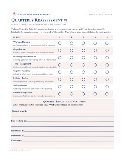 Quarterly reassessment form with checkboxes and reflection sections on a white background
