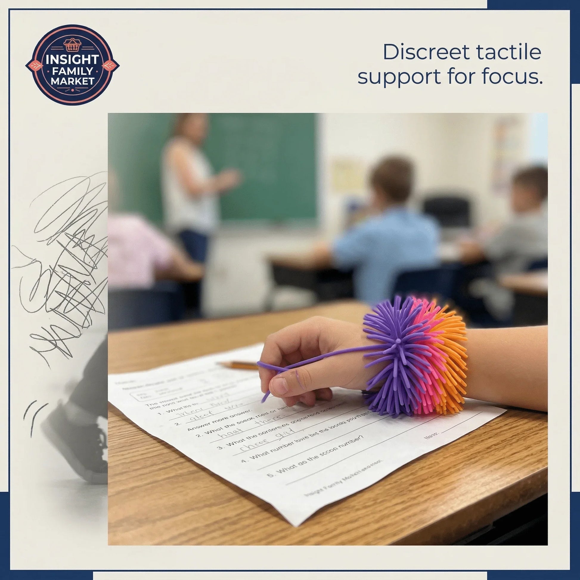 Child in classroom wearing colorful sensory bracelet for focus while working on worksheet
