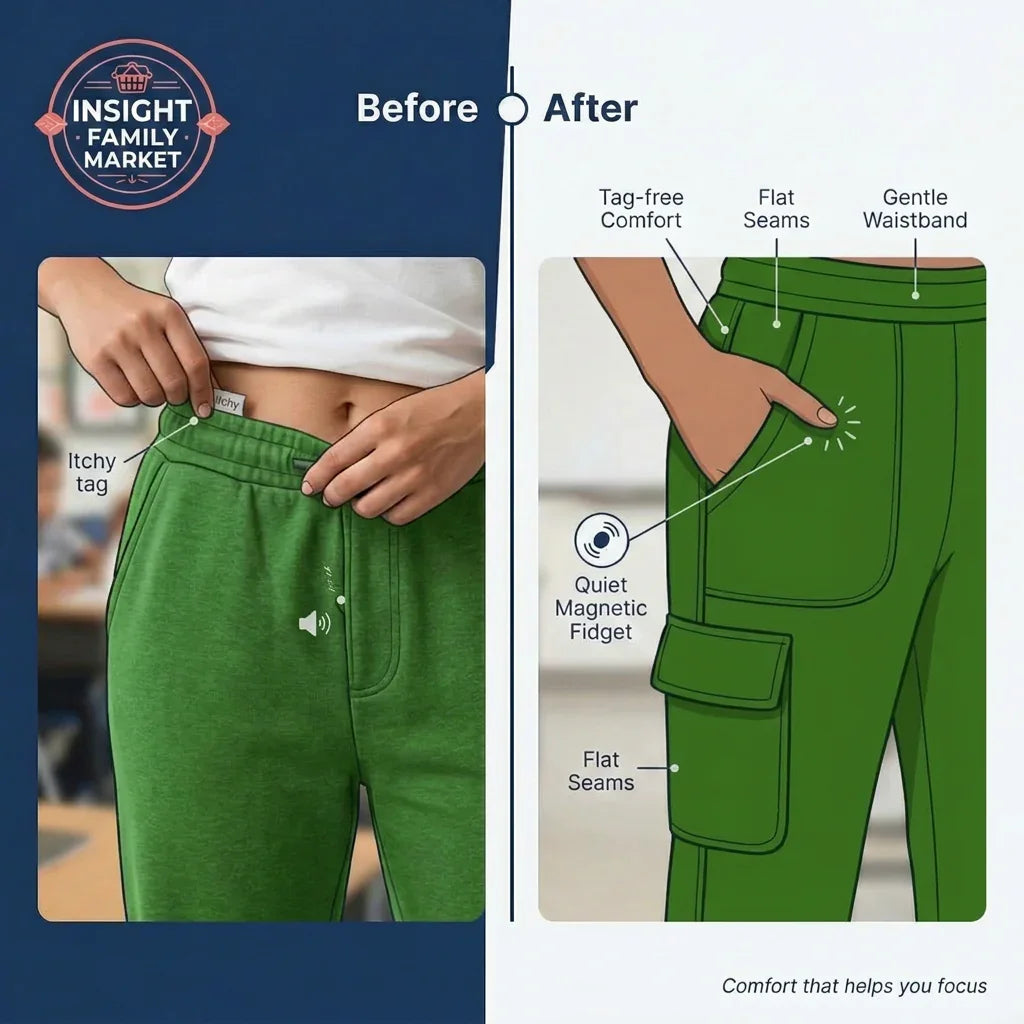 Before and after comparison of green pants with comfort features highlighted.