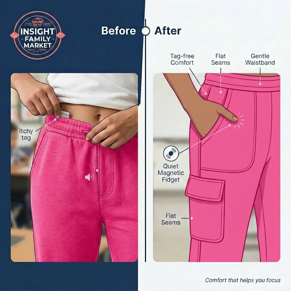 Before and after comparison of pink pants with comfort features highlighted.