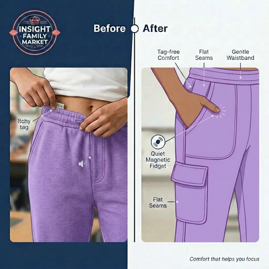 Before and after comparison of purple pants with highlighted features on a white background.