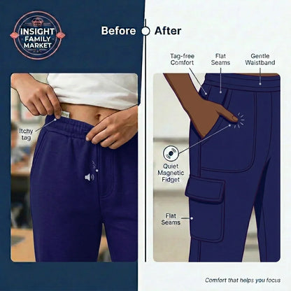 Before and after comparison of navy blue pants with comfort features highlighted.