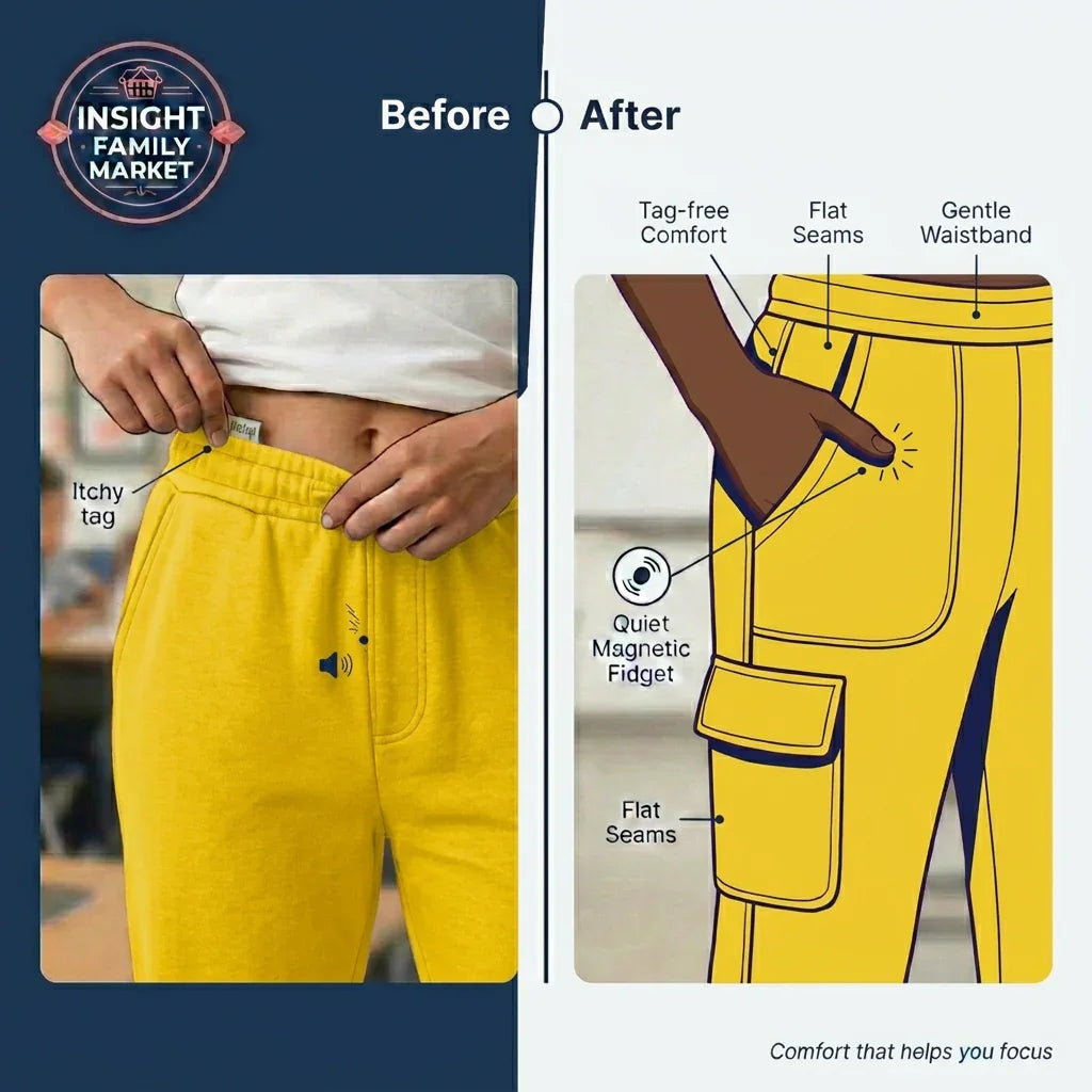 Before and after comparison of yellow pants with comfort features highlighted.