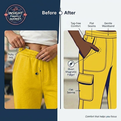 Before and after comparison of yellow pants with comfort features highlighted.
