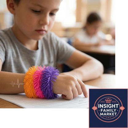 Child wearing colorful sensory-friendly bracelets in classroom, focusing on schoolwork