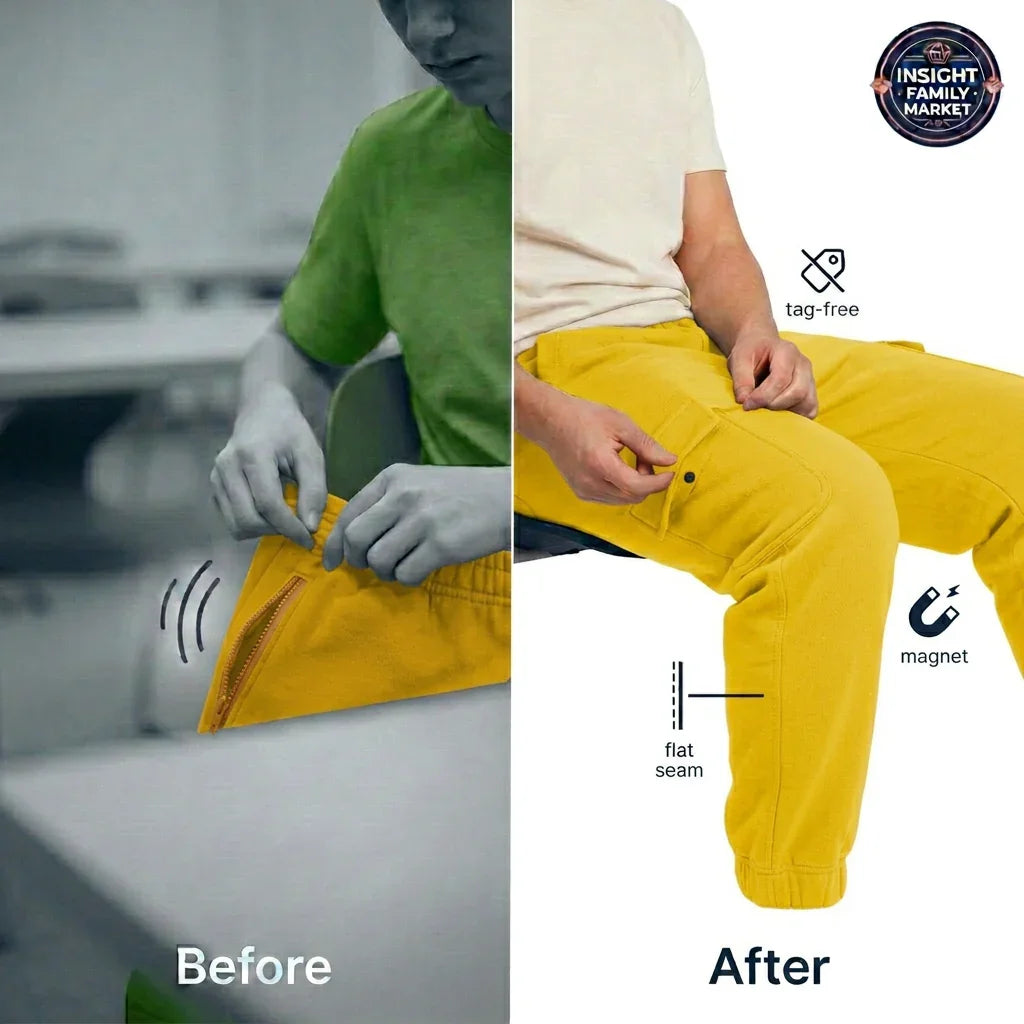 Before and after comparison of yellow pants with a focus on design elements.
