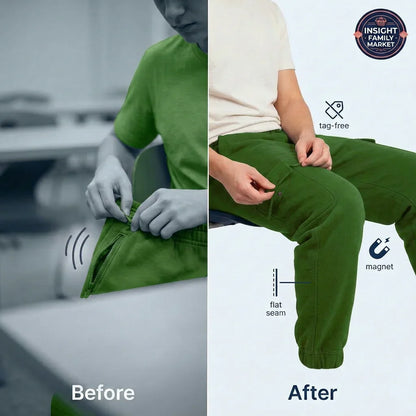 Before and after comparison of green pants with tag-free feature and flat seam design.