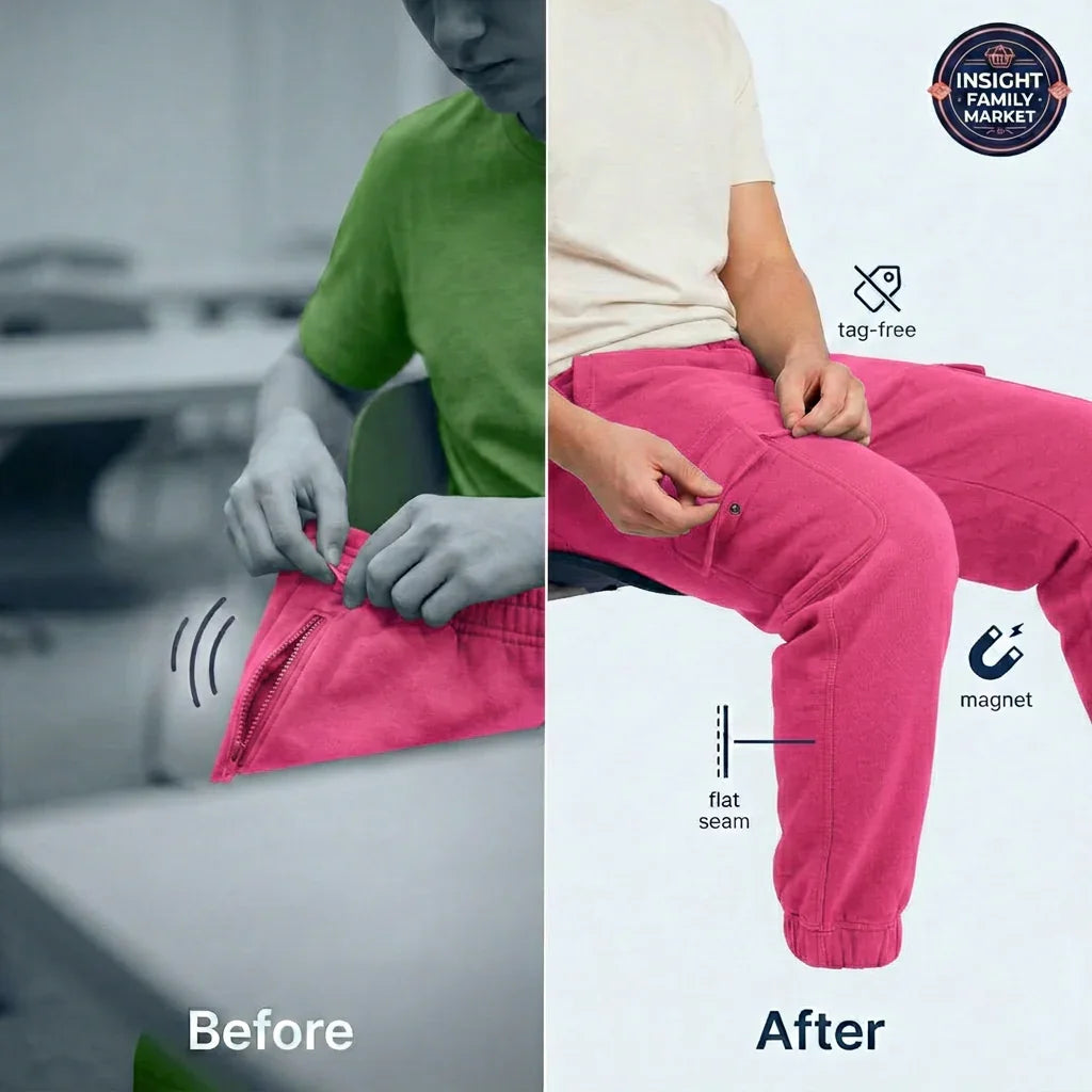 Before and after comparison of pink pants with text and icons on a white background.