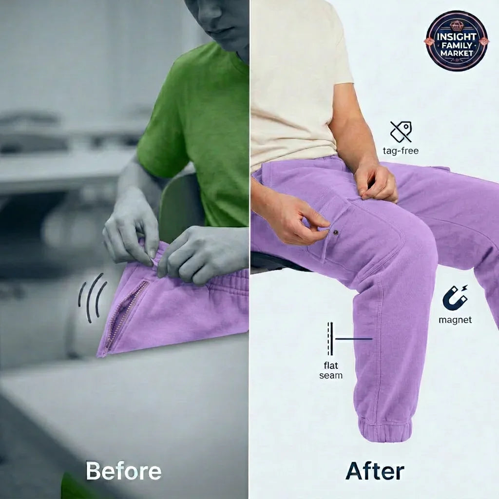Before and after comparison of a person wearing purple pants with a flat seam and tag-free feature.