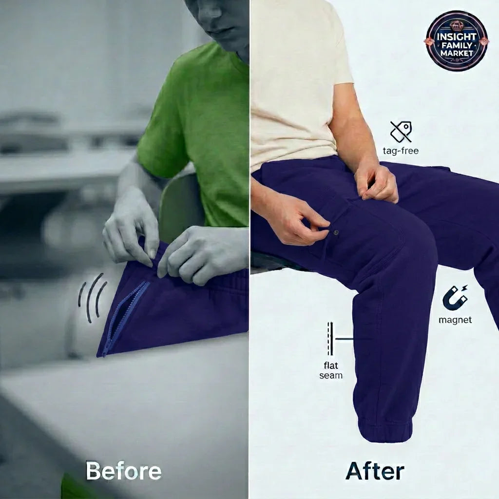 Before and after comparison of pants with text labels on a white background