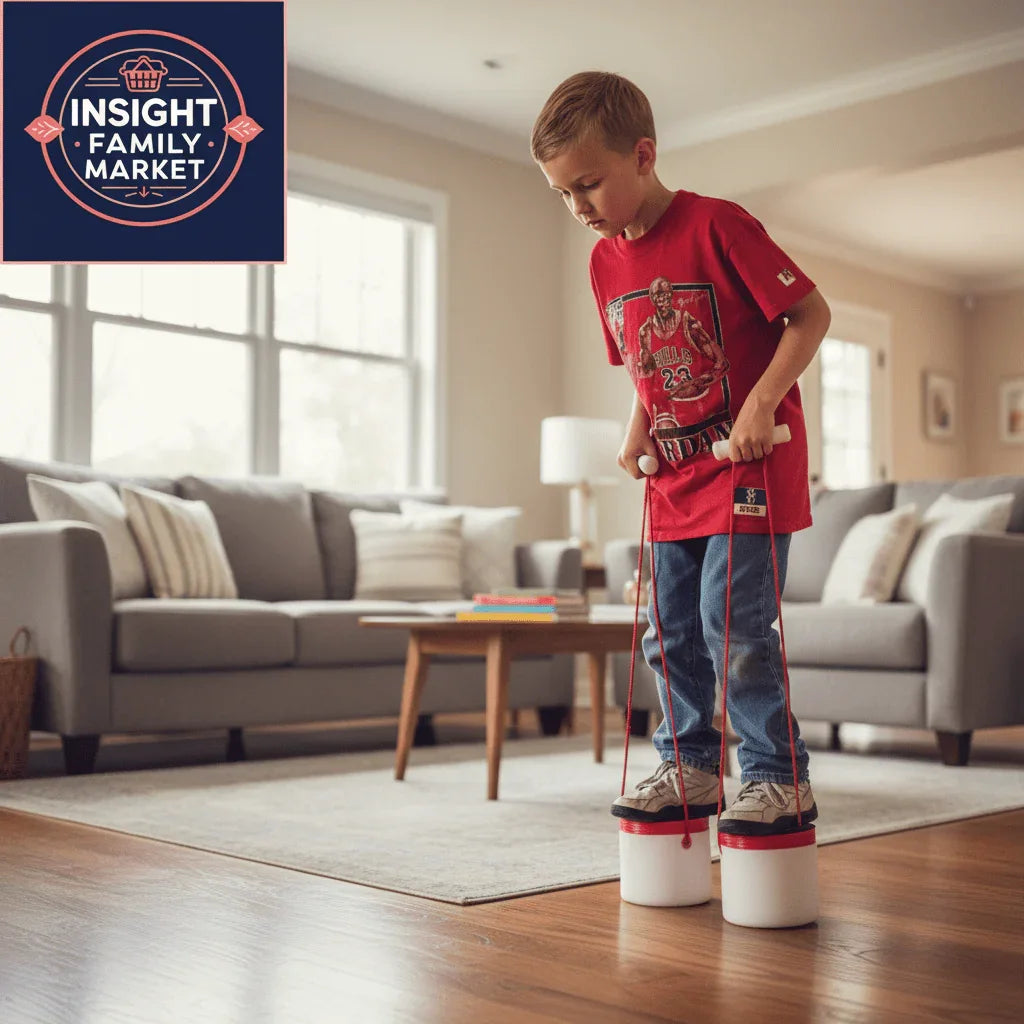 Boy using sensory stepping buckets for balance in a cozy living room, neurodiverse kids activity