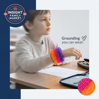 Child in classroom wearing sensory-friendly spiky bracelets for focus and grounding support