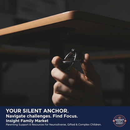 Hand holding sensory fidget tool under desk for quiet focus and stress relief support.