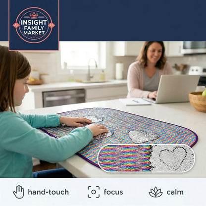 Child using a sensory sequin mat on kitchen table, promoting focus and calm.