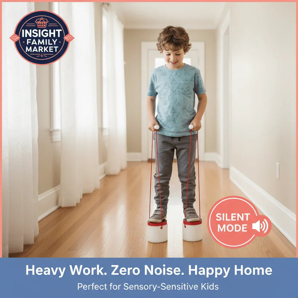 Smiling boy using quiet sensory stepping buckets indoors, great for sensory-sensitive kids.
