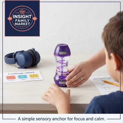 Child using sensory timer toy with purple bubbles for focus next to feelings chart and headphones