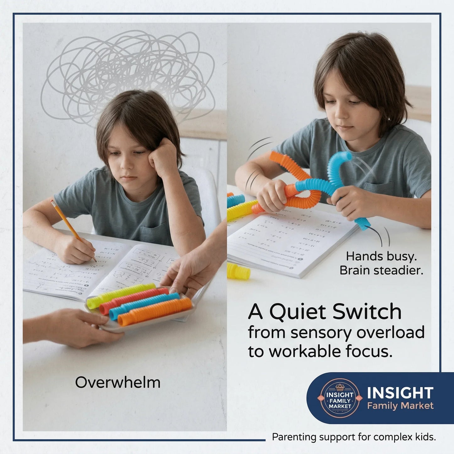 Child at desk before and after using sensory fidget tubes for focus during homework