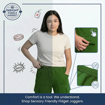 Woman wearing green sensory friendly fidget joggers with product features highlighted on a white background.