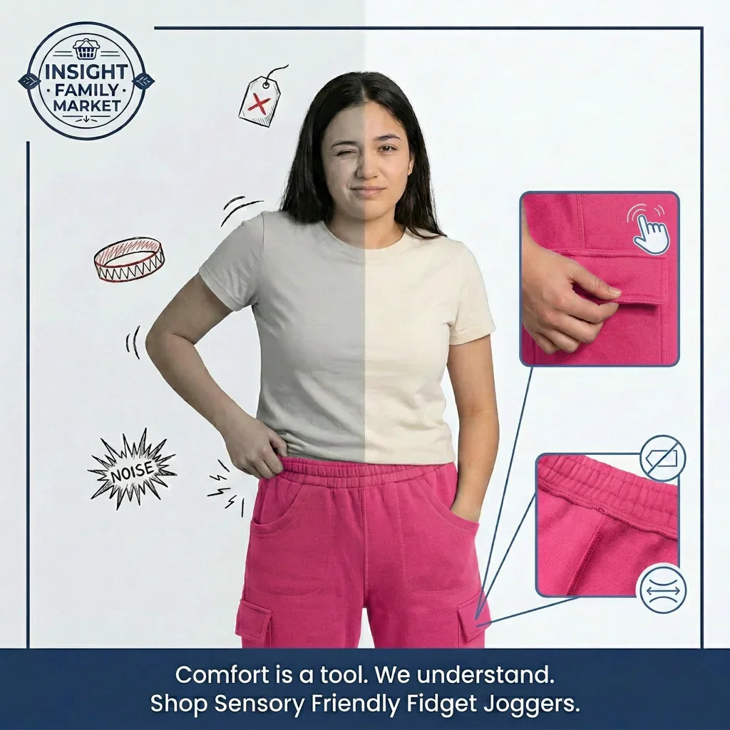 Woman wearing pink sensory-friendly fidget joggers with product features highlighted on a white background.