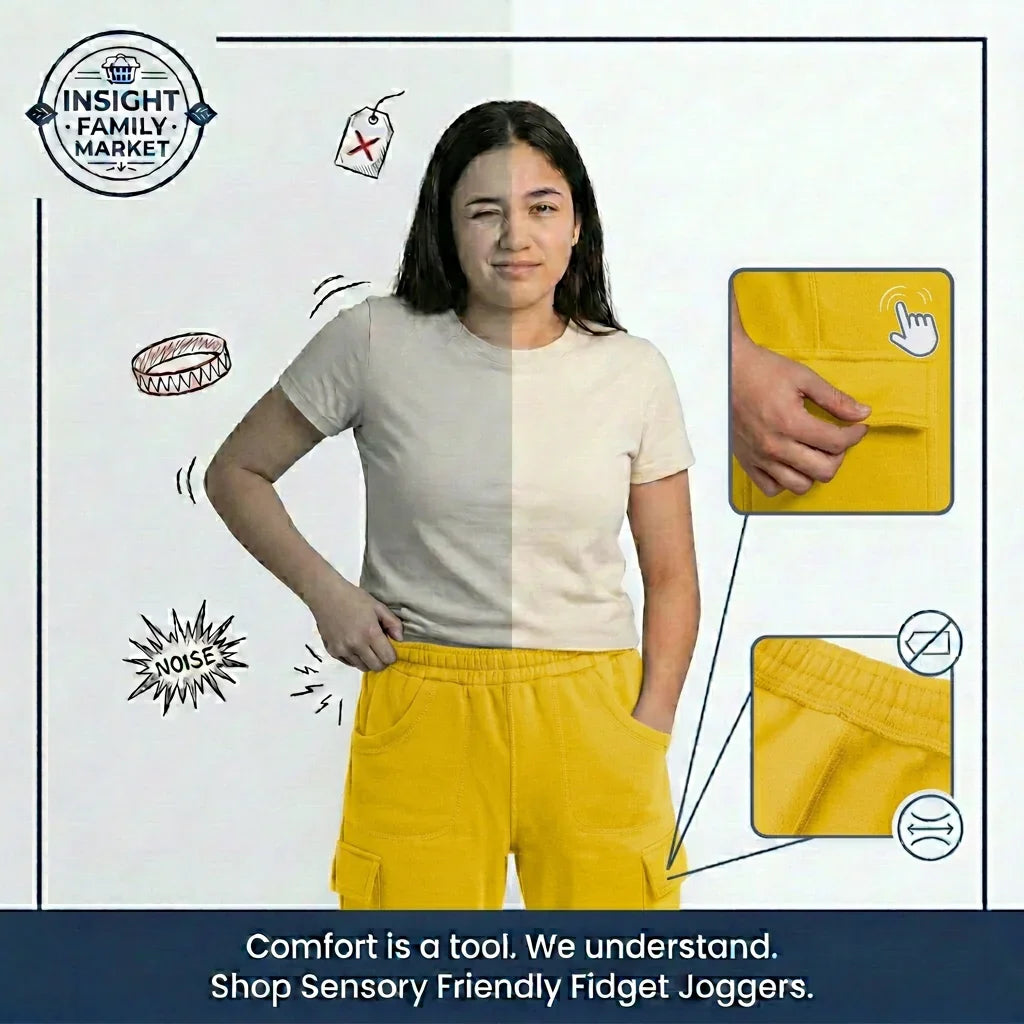 Woman wearing yellow fidget joggers with product features highlighted on a white background.