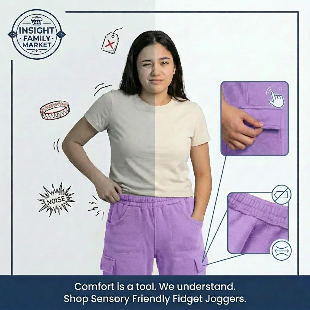 Woman wearing a light-colored t-shirt and purple pants with sensory-friendly fidget jogger features illustrated.