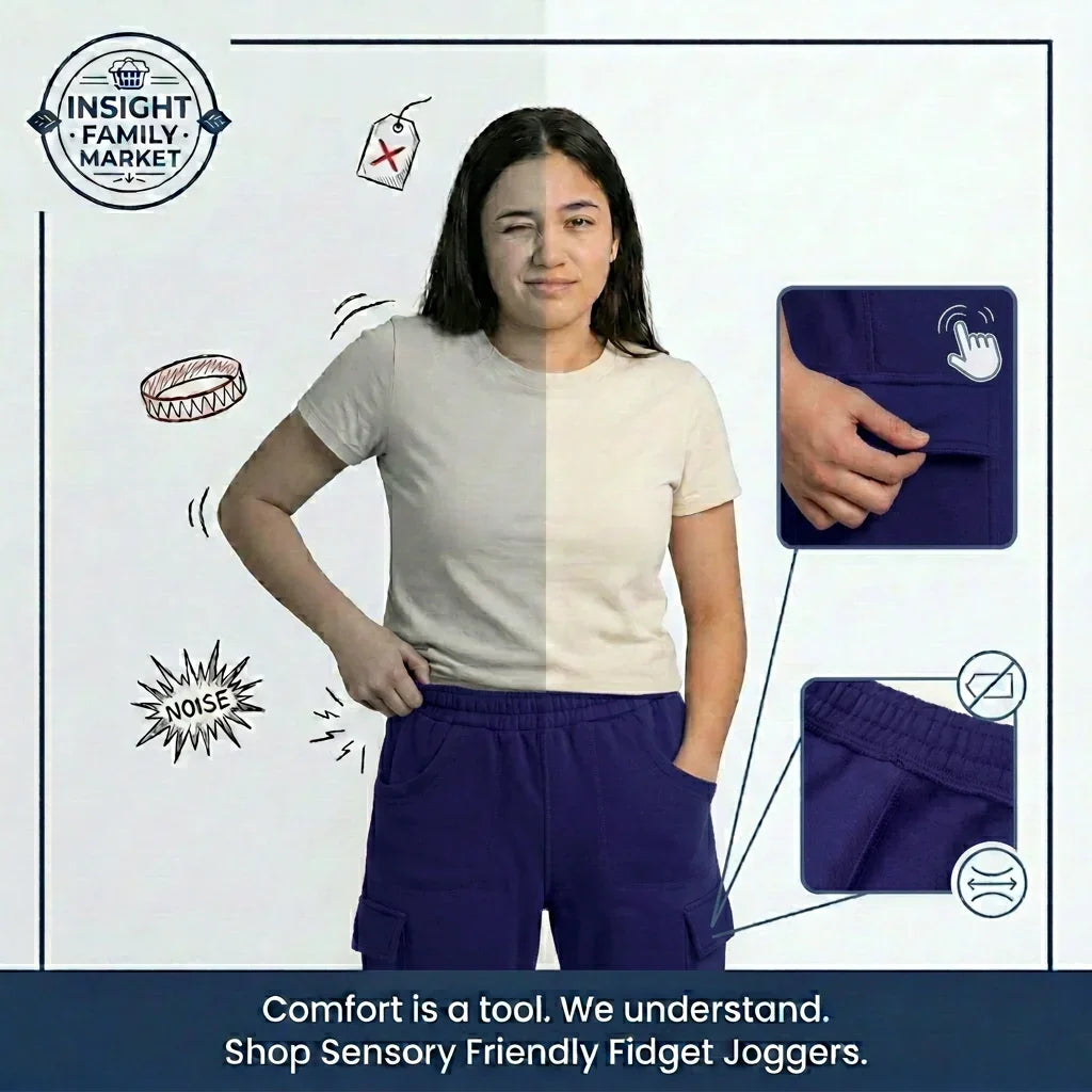 Woman wearing navy sensory-friendly fidget joggers with product images and text on a white background.