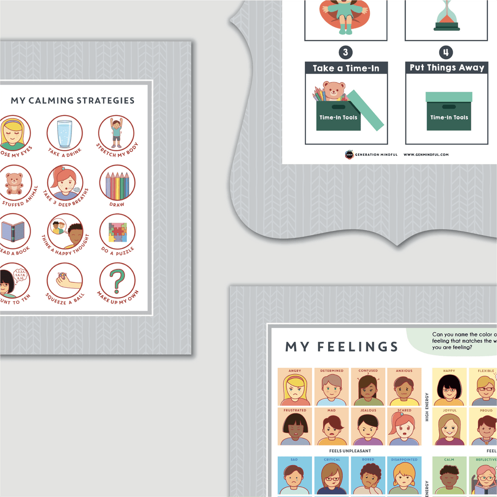 Educational posters on a gray background, including 'My Calming Strategies' and 'My Feelings' charts.